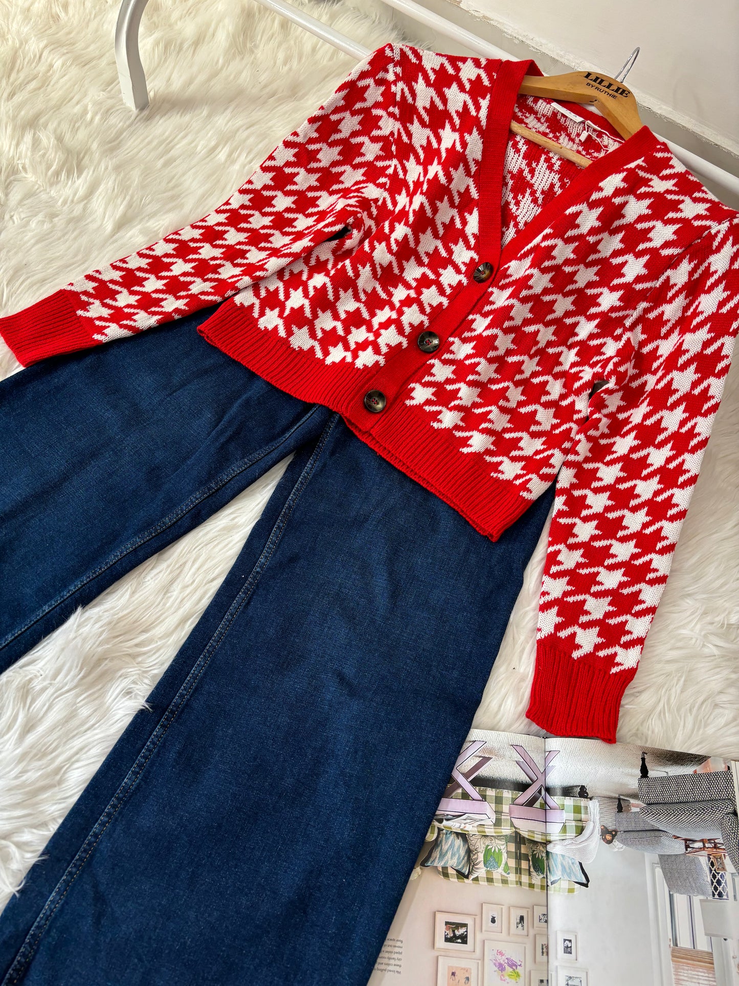 Red Houndstooth Cardigan