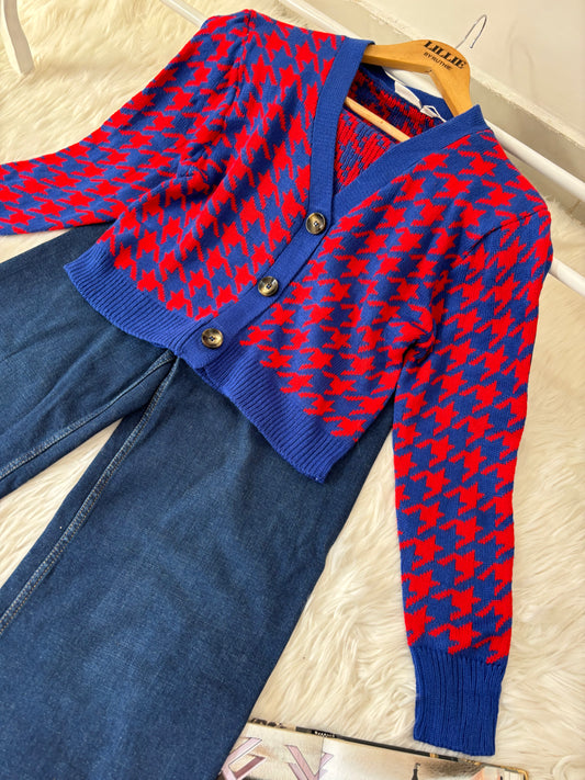 Blue Houndstooth Cardigan (L)