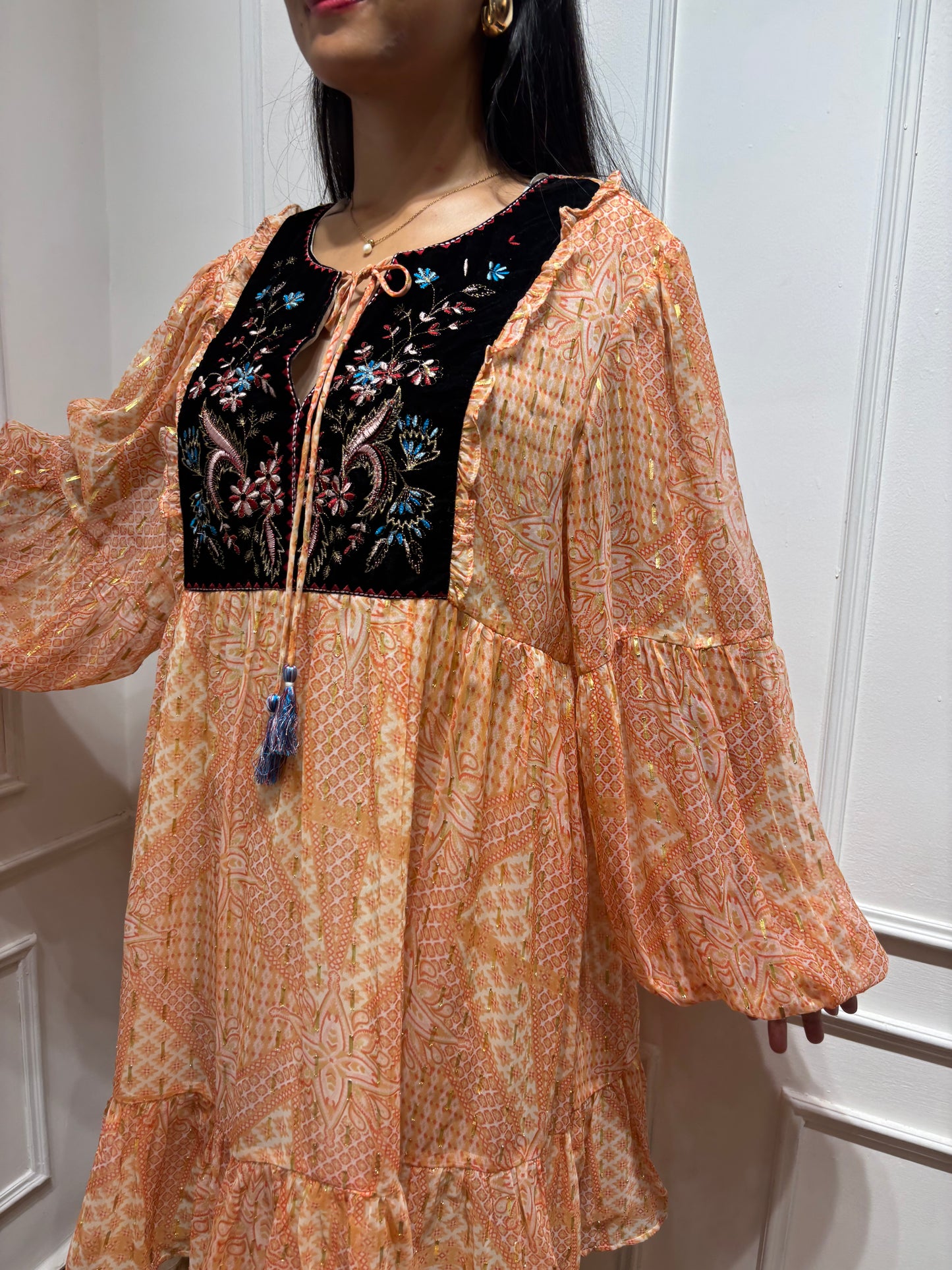 Peach yoke embroidered dress