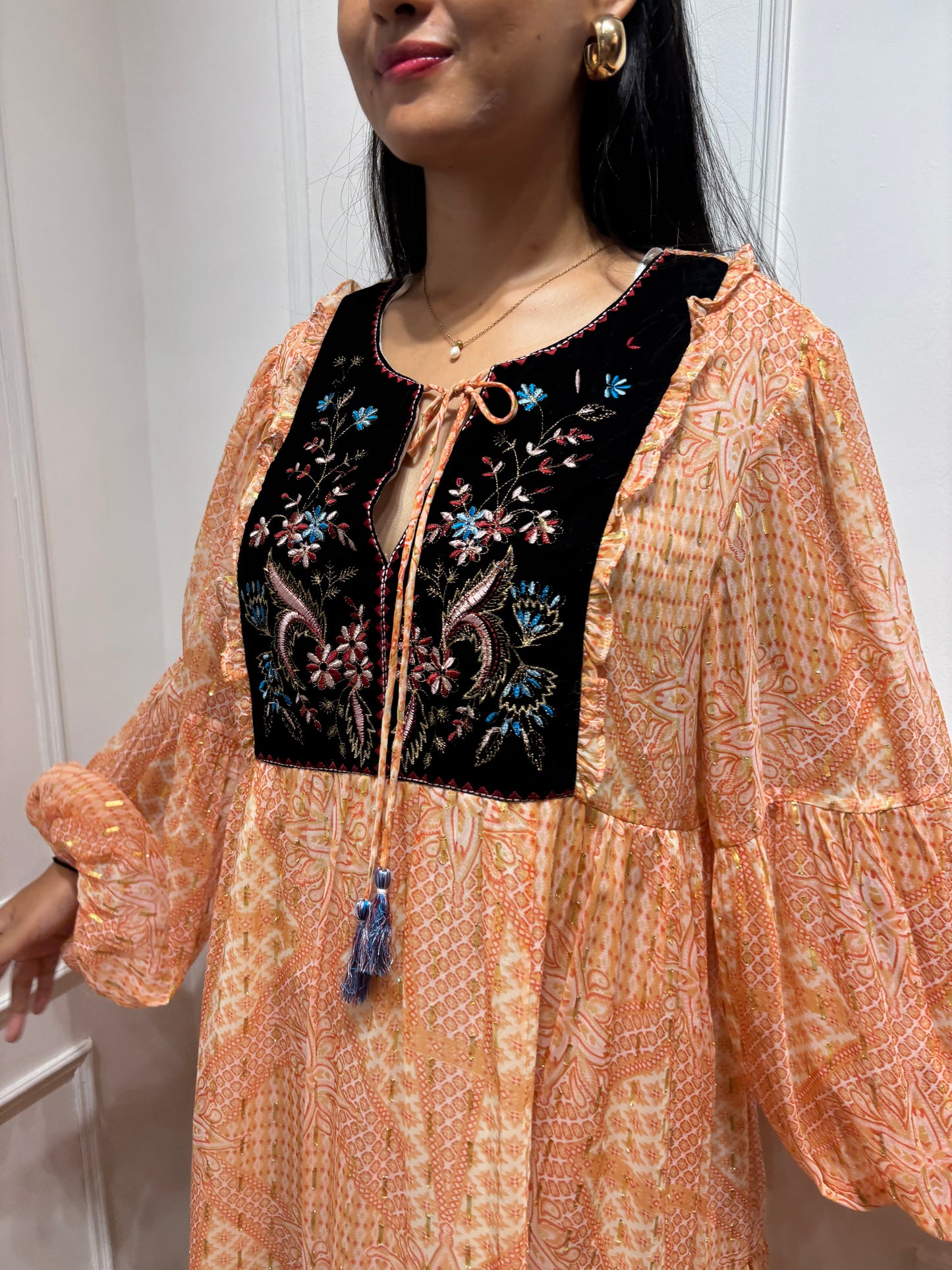 Peach yoke embroidered dress