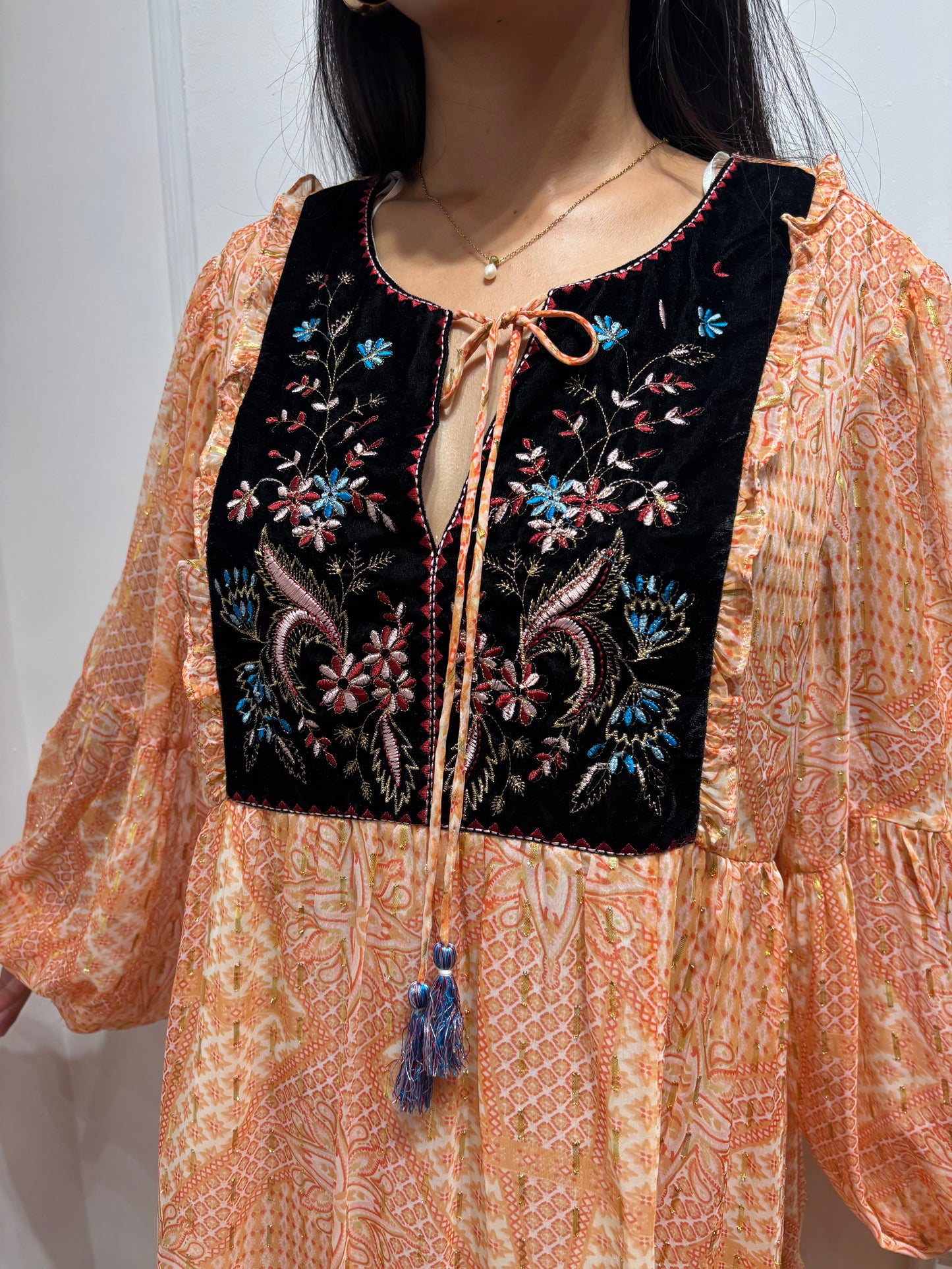 Peach yoke embroidered dress