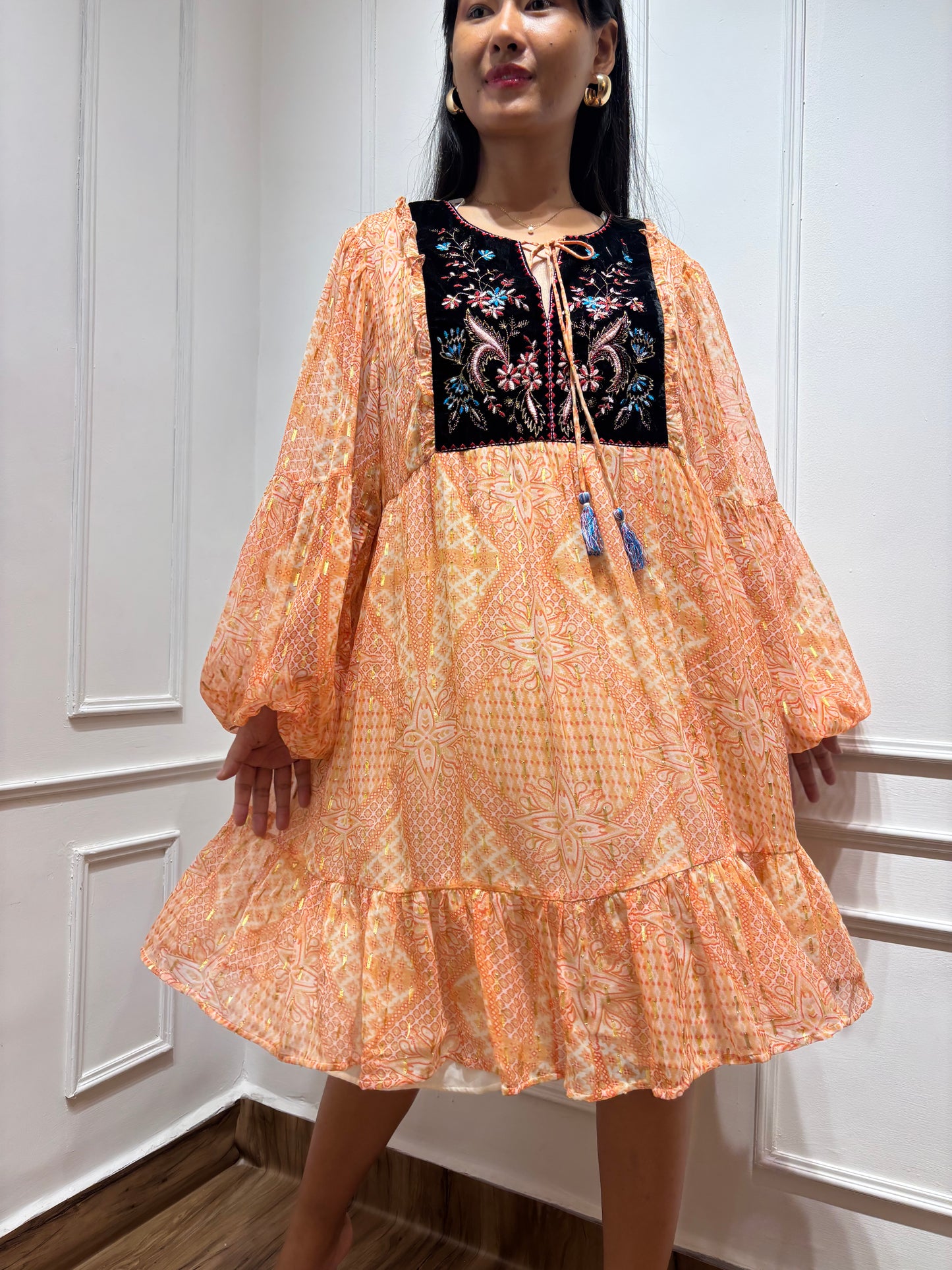 Peach yoke embroidered dress