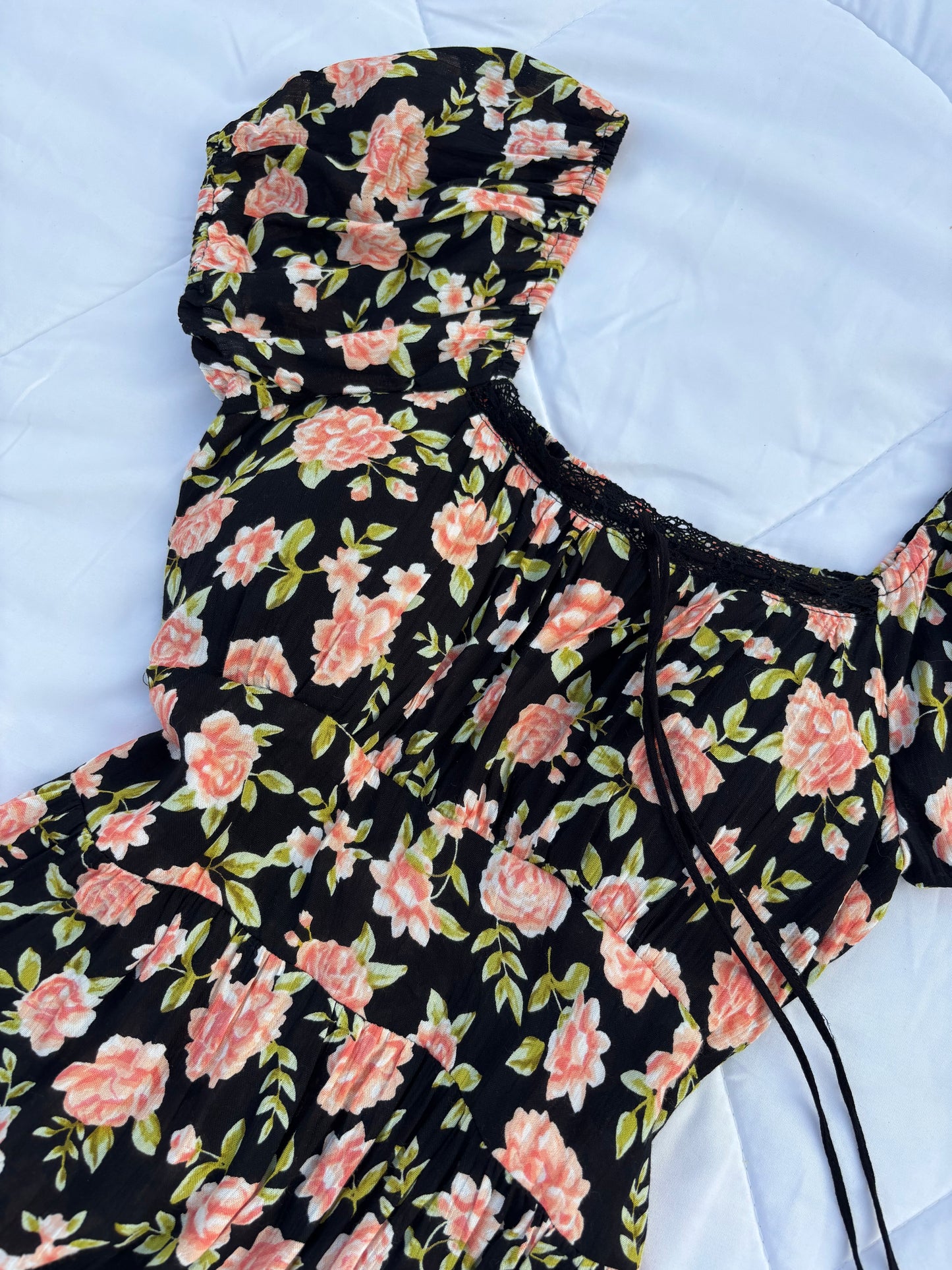 Black floral padded maxi dress