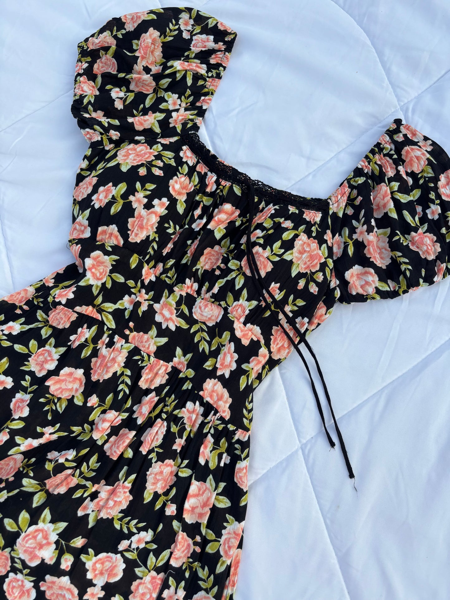 Black floral padded maxi dress