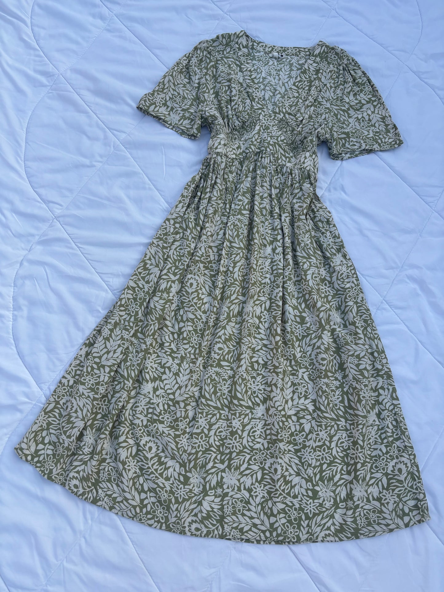 Olive green V neck dress