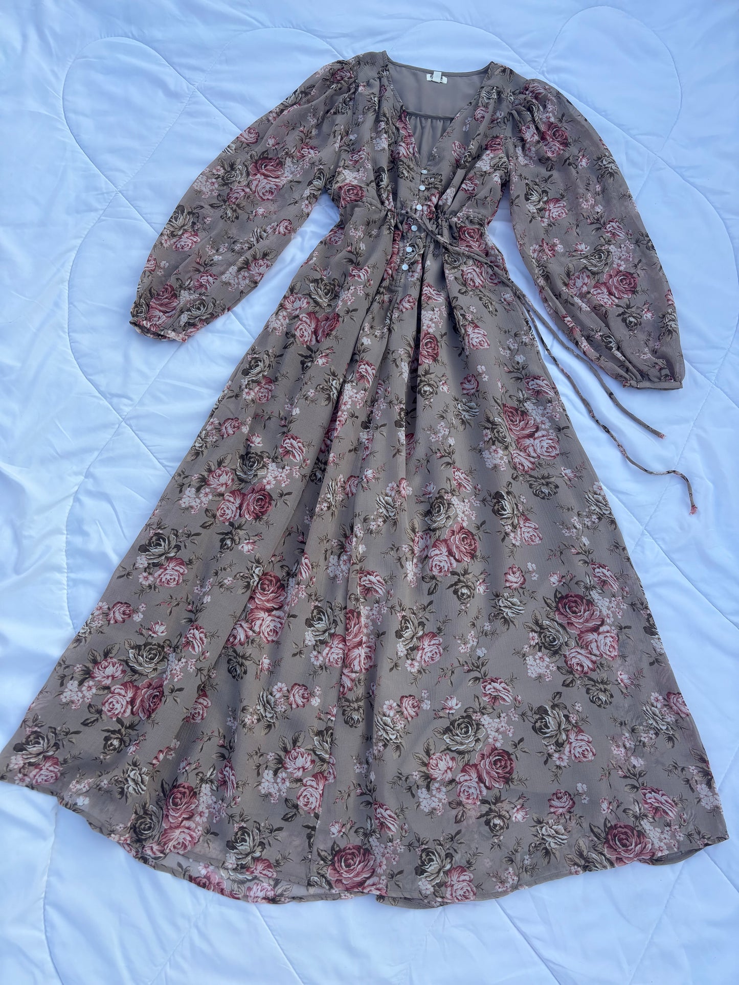 Nude brown chiffon floral dress