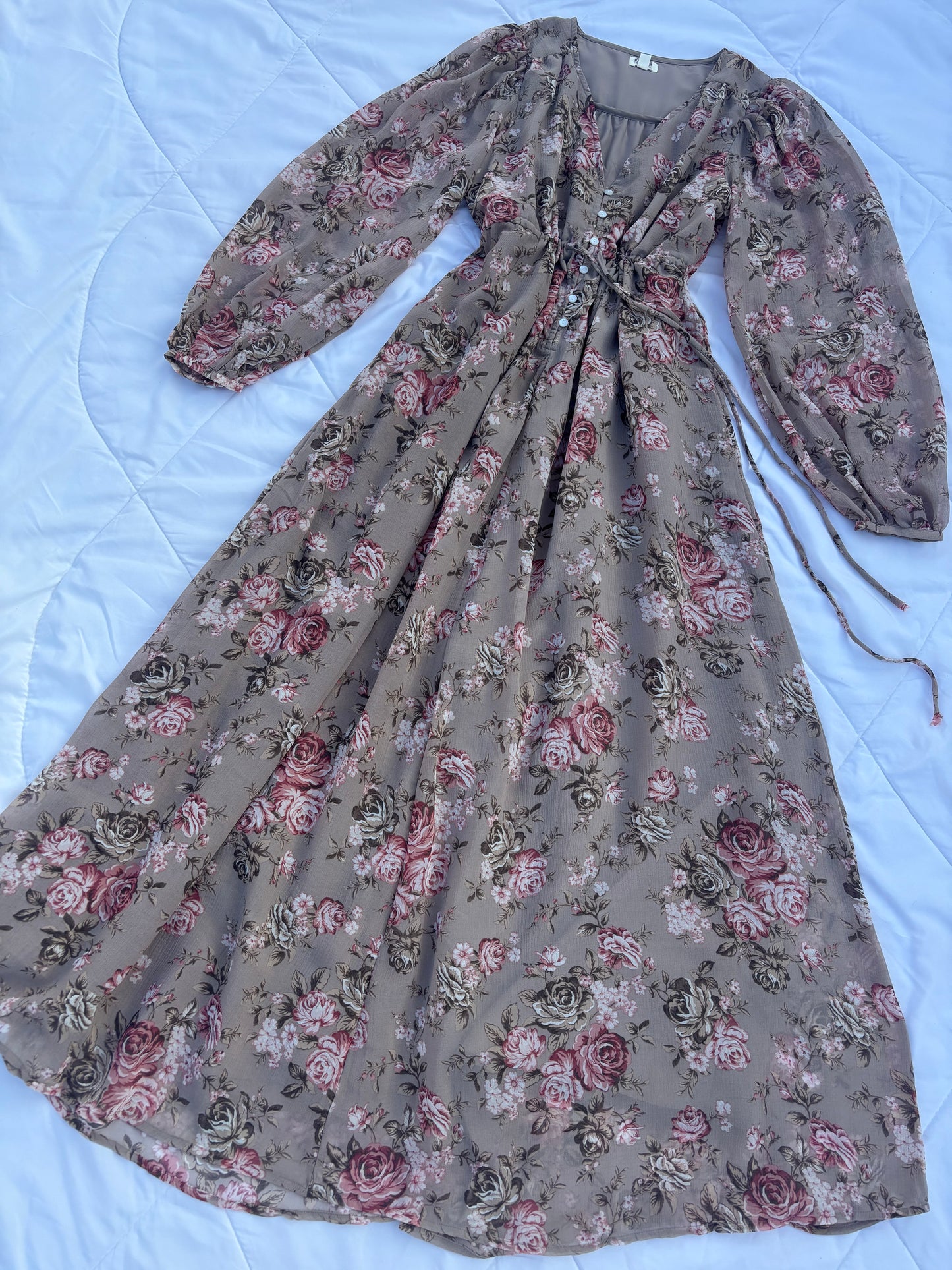 Nude brown chiffon floral dress