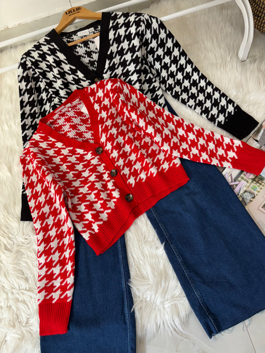 Red Houndstooth Cardigan