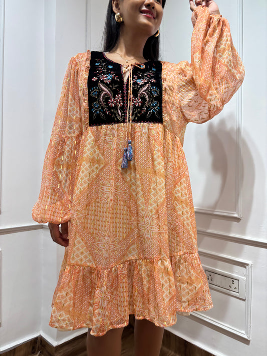 Peach yoke embroidered dress