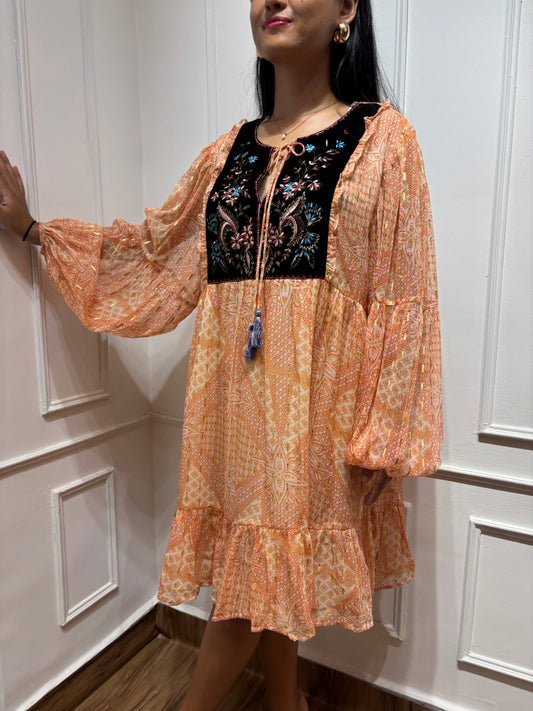 Peach yoke embroidered dress