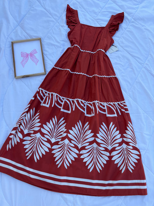 Copper Brown Border Printed Maxi Dress