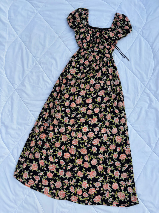 Black floral padded maxi dress