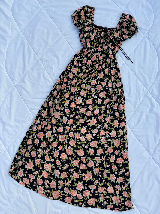 Black floral padded maxi dress