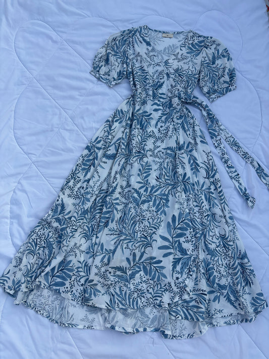 Blue leafy print Overlap dress