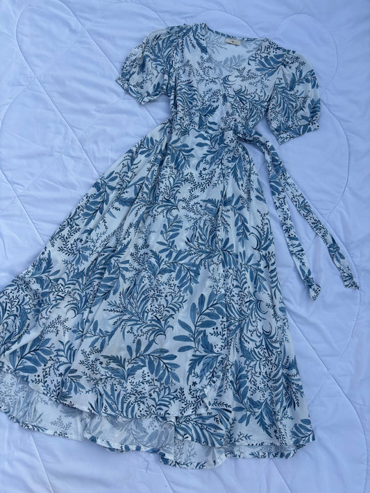Blue leafy print Overlap dress