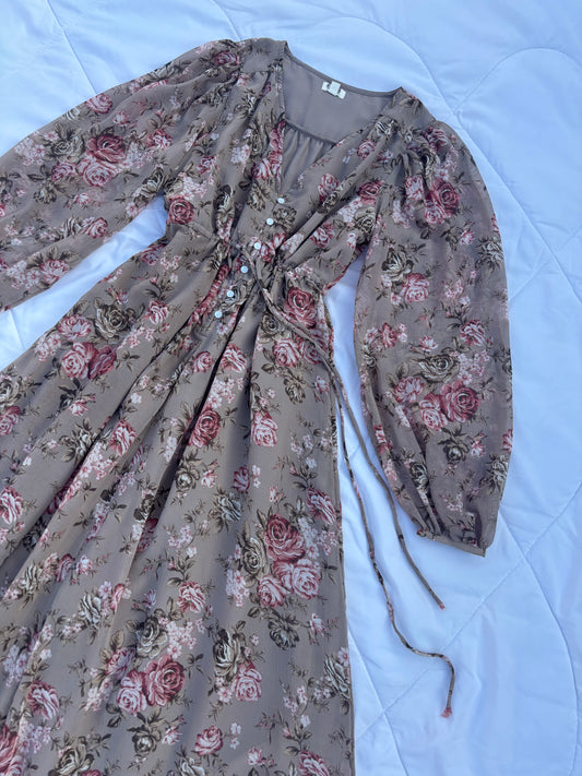 Nude brown chiffon floral dress