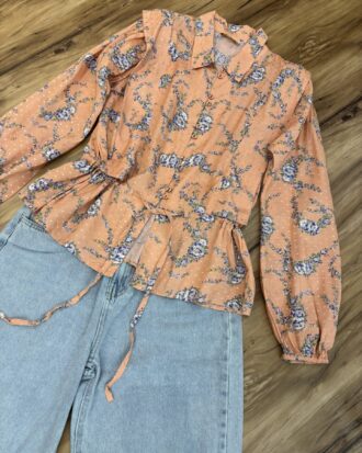 Peach silk floral top (S)