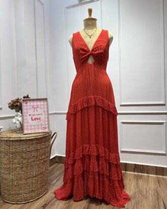 Tomato red polkadot ruffle maxi dress (S-M)